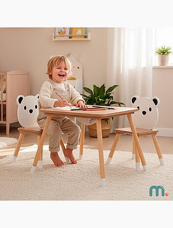 Conjunto de mesa e 2 cadeiras "urso" em madeira – espaço criativo com arrumação