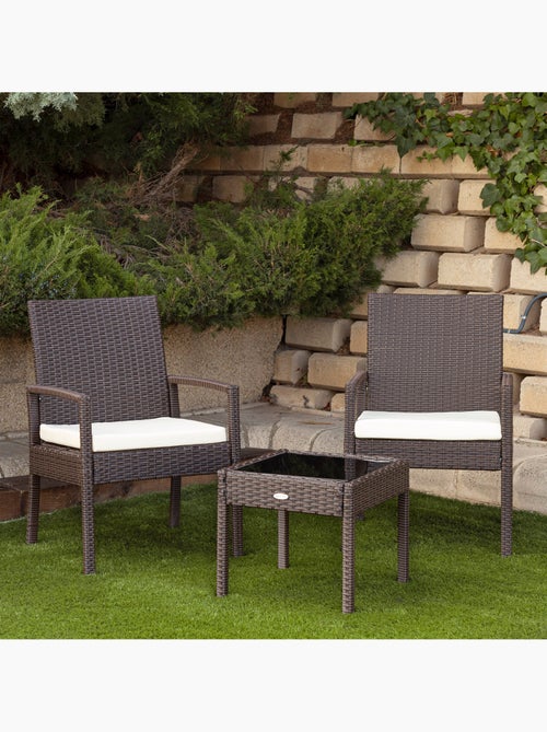 Conjunto de móveis de pátio com poltronas de vime e mesa aktive - Kiabi Conjunto de móveis de pátio com poltronas de vime e mesa aktive - Kiabi