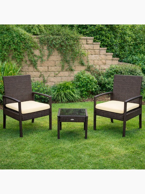 Conjunto de móveis de pátio com poltronas de vime e mesa aktive - Kiabi Conjunto de móveis de pátio com poltronas de vime e mesa aktive - Kiabi