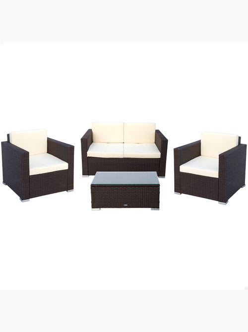 Conjunto de móveis de pátio com poltronas de vime, sofá e mesa de centro aktive - Kiabi Conjunto de móveis de pátio com poltronas de vime, sofá e mesa de centro aktive - Kiabi