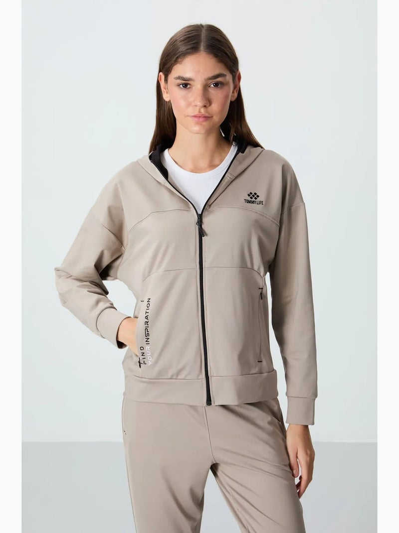 Conjunto de mulher com sweatshirt com capuz e fecho de correr e calças tommy Bege-argila - Kiabi