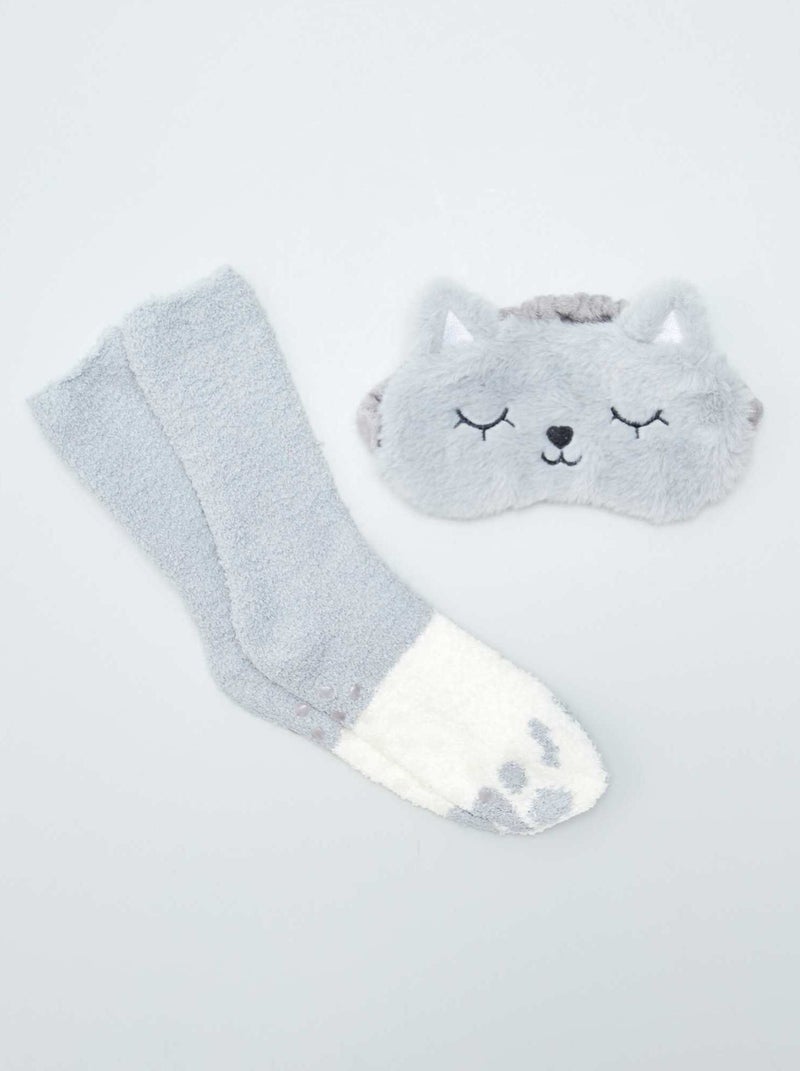 Conjunto de pantufas tipo meias + máscara de noite CINZA - Kiabi