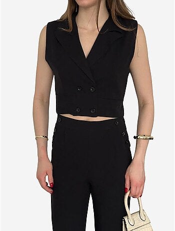 Conjunto de perna larga com decote em v abotoado de cintura subida my fashion
