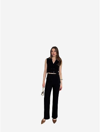 Conjunto de perna larga com decote em v abotoado de cintura subida my fashion