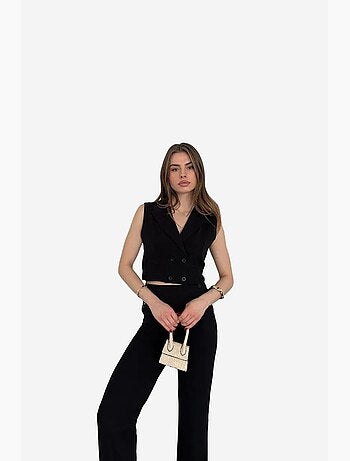 Conjunto de perna larga com decote em v abotoado de cintura subida my fashion