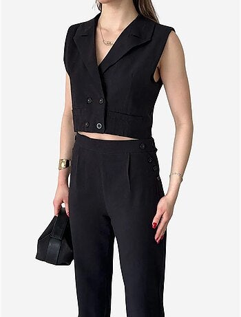 Conjunto de perna larga com decote em v abotoado de cintura subida my fashion