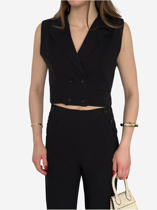 Conjunto de perna larga com decote em v abotoado de cintura subida my fashion - Kiabi Conjunto de perna larga com decote em v abotoado de cintura subida my fashion - Kiabi