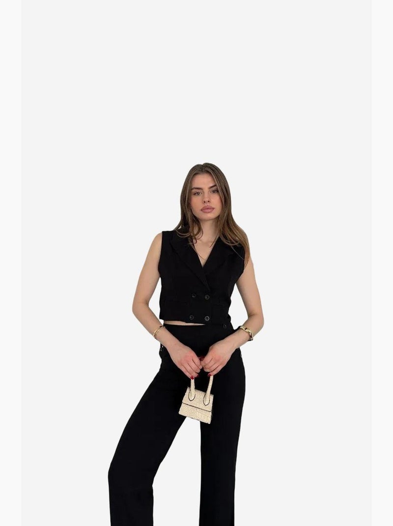 Conjunto de perna larga com decote em v abotoado de cintura subida my fashion Preto - Kiabi