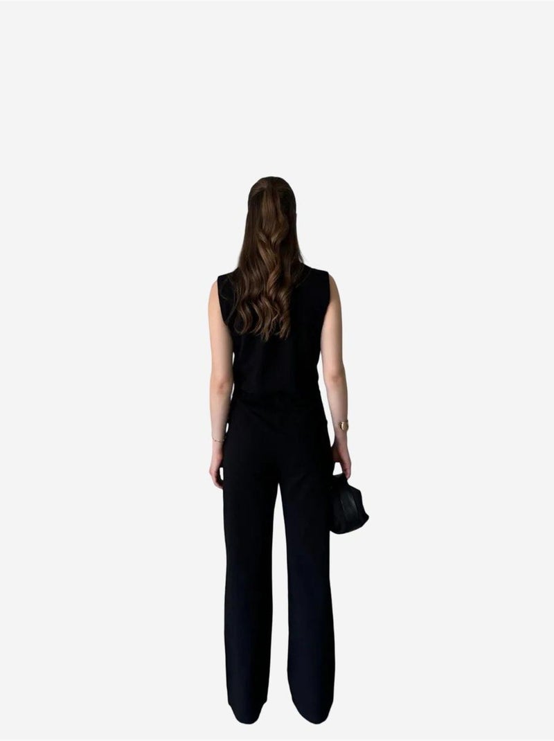 Conjunto de perna larga com decote em v abotoado de cintura subida my fashion Preto - Kiabi