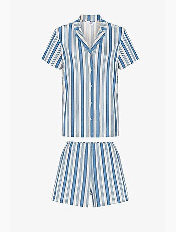 Conjunto de pijama às riscas em pointelle com camisa de manga curta e calções penti