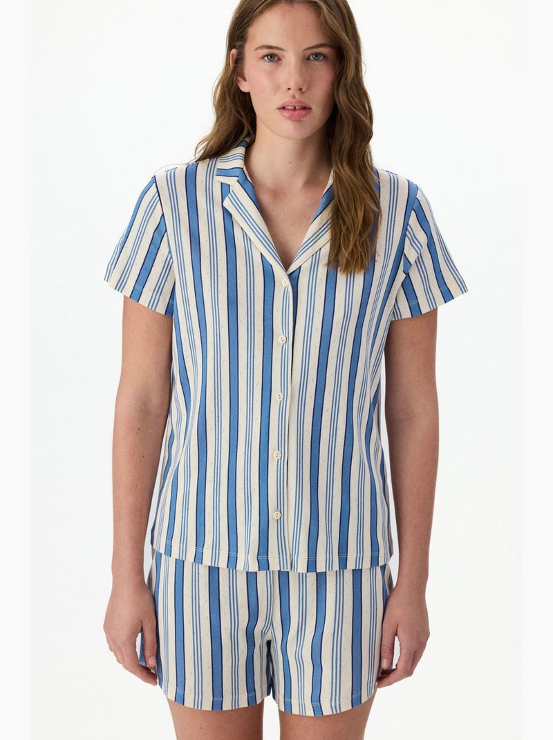 Conjunto de pijama às riscas em pointelle com camisa de manga curta e calções penti Branco Azul - Kiabi