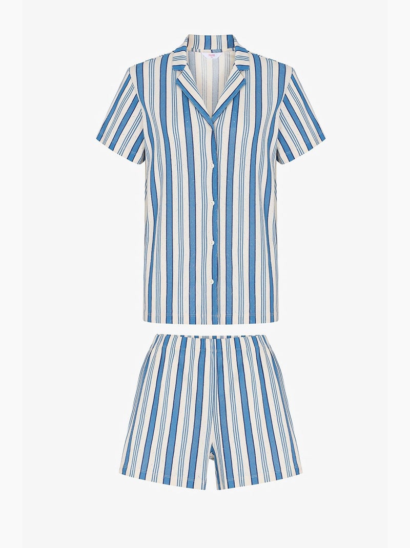 Conjunto de pijama às riscas em pointelle com camisa de manga curta e calções penti Branco Azul - Kiabi