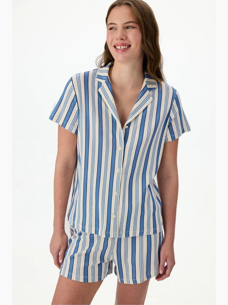 Conjunto de pijama às riscas em pointelle com camisa de manga curta e calções penti Branco Azul - Kiabi