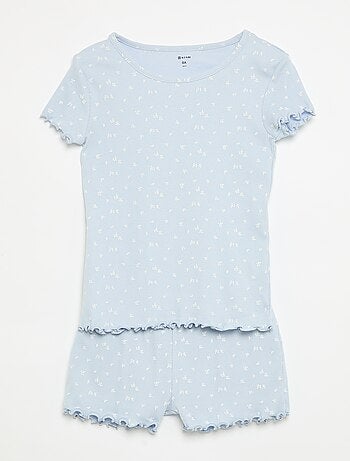 Conjunto de pijama camisola + calções em malha canelada de algodão
