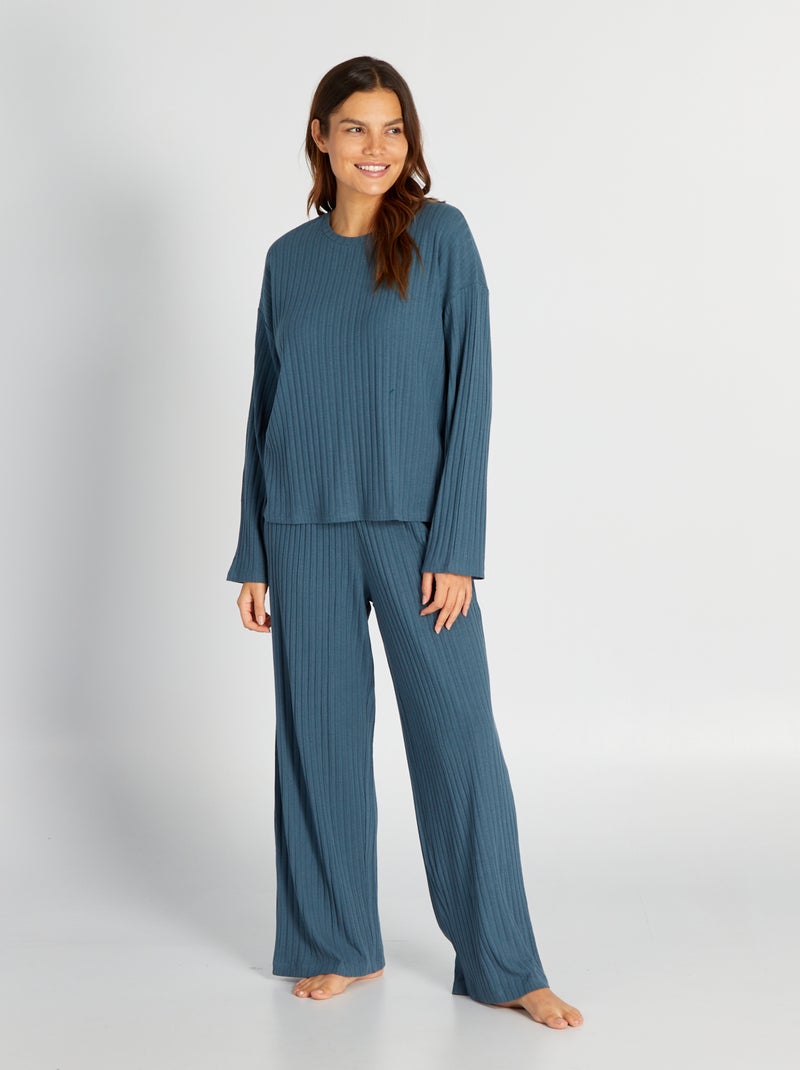Conjunto de pijama canelado t-shirt + calças - 2 peças AZUL - Kiabi