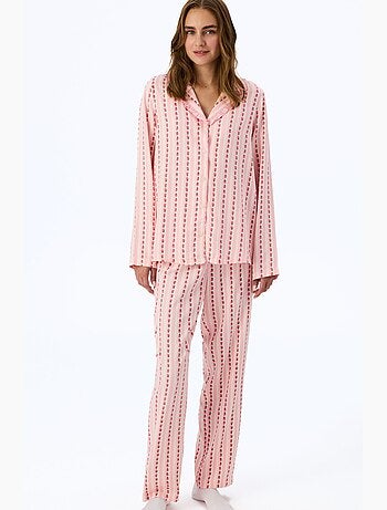 Conjunto de pijama com camisa, calças, folhos e manga comprida, flores claras penti