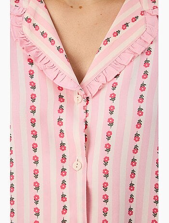 Conjunto de pijama com camisa, calças, folhos e manga comprida, flores claras penti