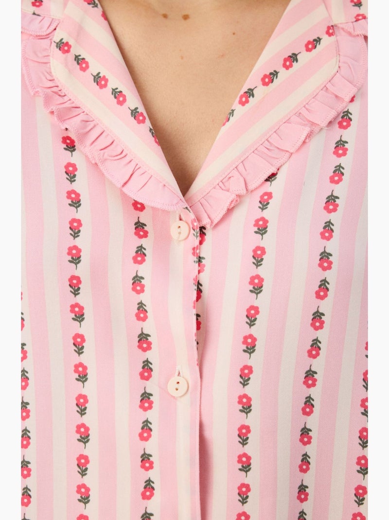 Conjunto de pijama com camisa, calças, folhos e manga comprida, flores claras penti Vermelho/Rosa - Kiabi