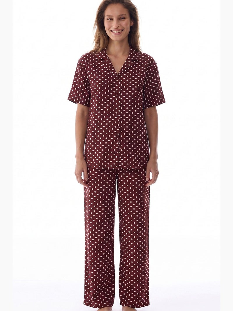 Conjunto de pijama com camisa e calça de bolinhas penti Vermelho bordô - Kiabi