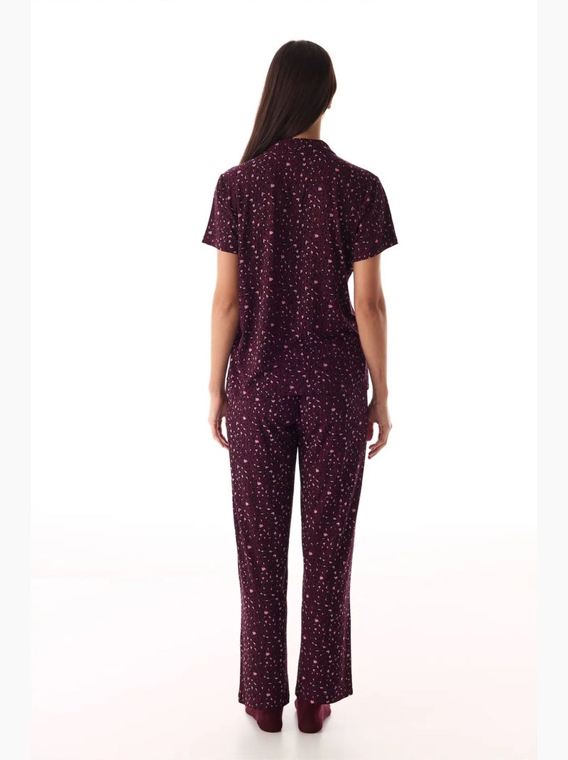 Conjunto de pijama com camisa e calças, leopardo, canelado, manga curta penti Vermelho bordô - Kiabi