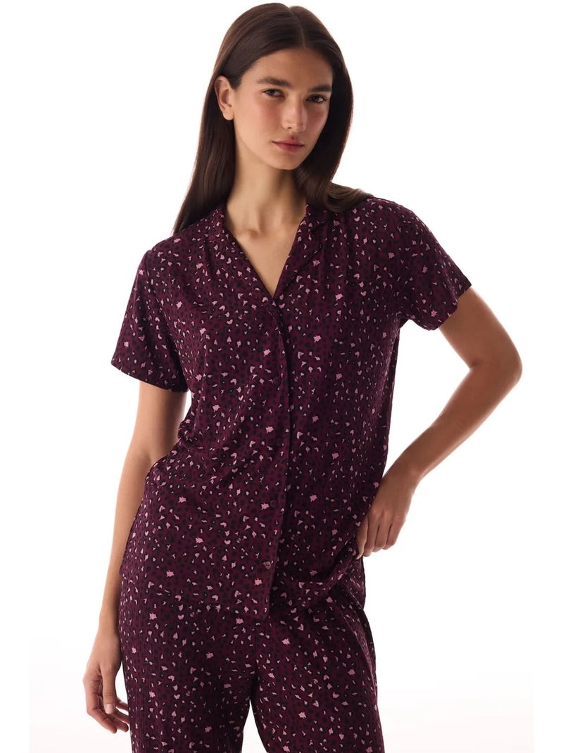 Conjunto de pijama com camisa e calças, leopardo, canelado, manga curta penti Vermelho bordô - Kiabi