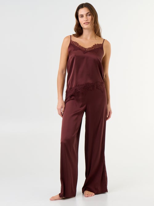 Conjunto de pijama comprido acetinado top + calças - 2 peças - Kiabi