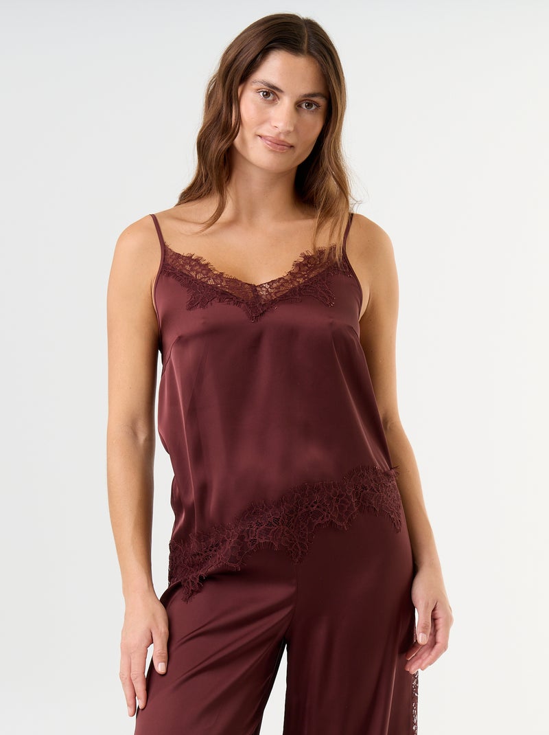 Conjunto de pijama comprido acetinado top + calças - 2 peças Castanho - Kiabi