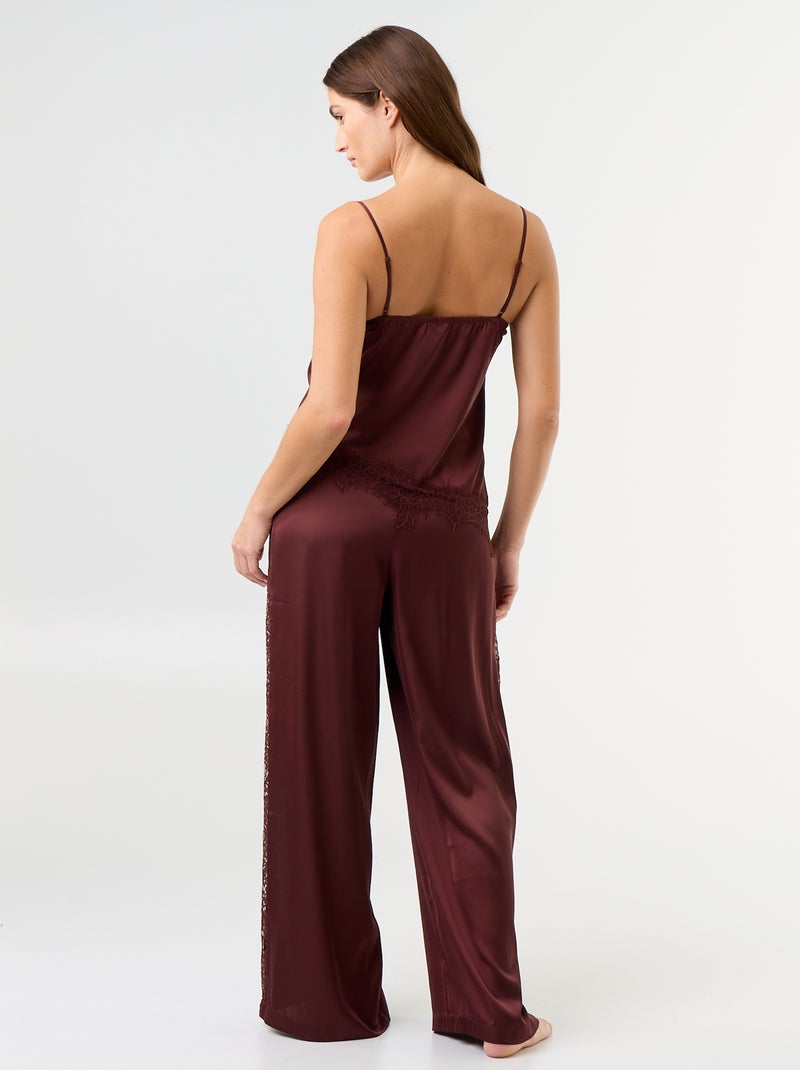 Conjunto de pijama comprido acetinado top + calças - 2 peças Castanho - Kiabi