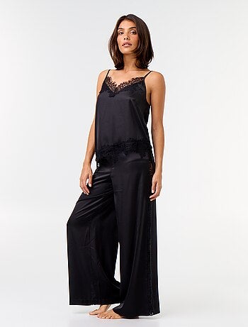 Conjunto de pijama comprido acetinado top + calças - 2 peças