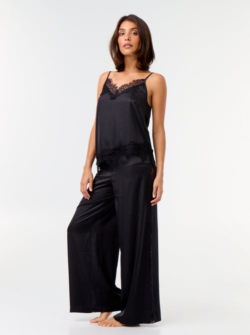 Conjunto de pijama comprido acetinado top + calças - 2 peças - Kiabi