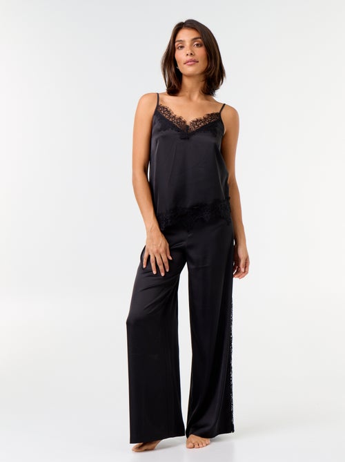Conjunto de pijama comprido acetinado top + calças - 2 peças - Kiabi