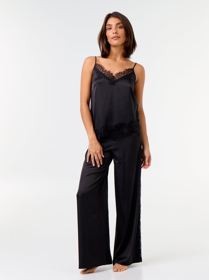 Conjunto de pijama comprido acetinado top + calças - 2 peças Preto - Kiabi