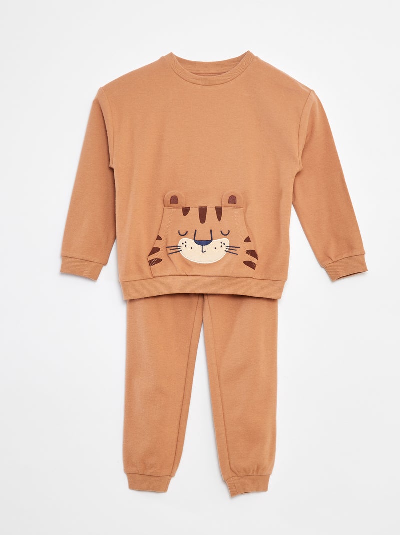 Conjunto de pijama comprido com t-shirt + calças - 2 peças Castanho - Kiabi