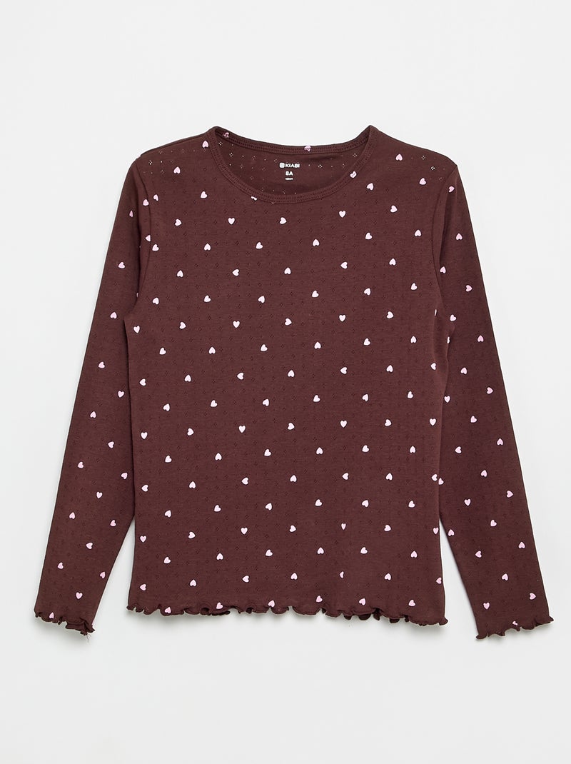 Conjunto de pijama comprido em malha pointelle - 2 peças Castanho - Kiabi