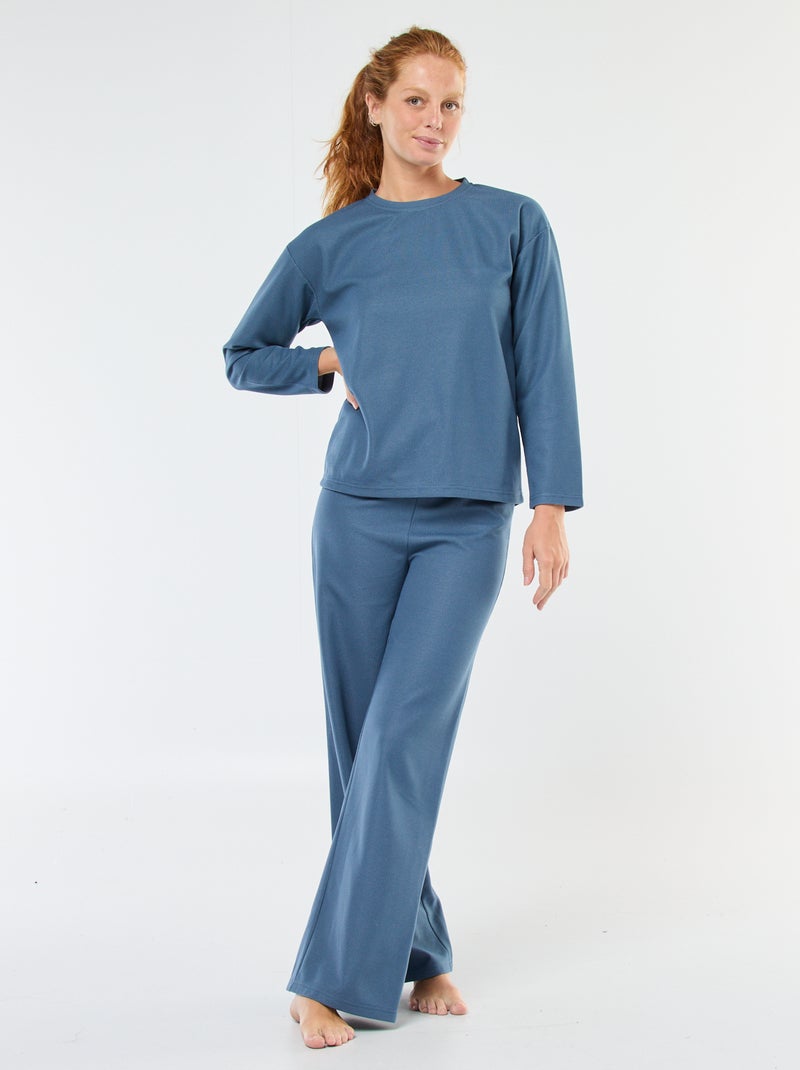 Conjunto de pijama comprido em malha waffle - 2 peças Azul - Kiabi