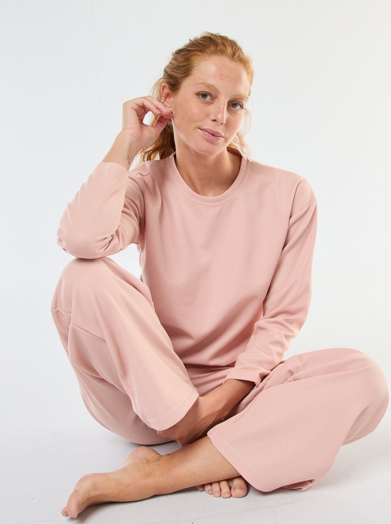 Conjunto de pijama comprido em malha waffle - 2 peças Rosa - Kiabi