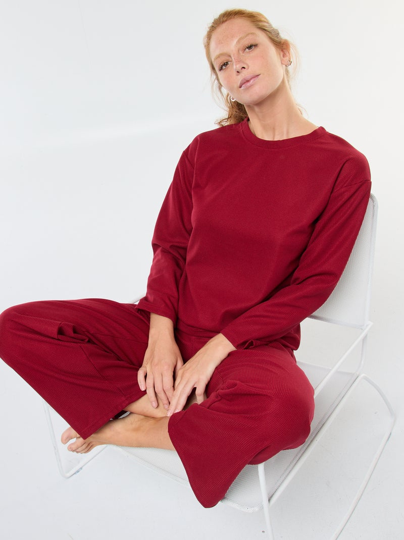 Conjunto de pijama comprido em malha waffle - 2 peças Vermelho - Kiabi