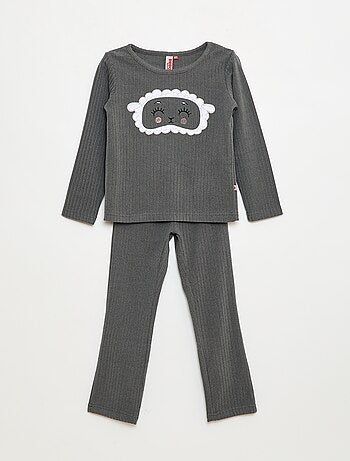 Conjunto de pijama comprido em material suave e canelado t-shirt + calças - 2 peças