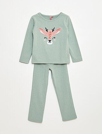 Conjunto de pijama comprido em material suave e canelado t-shirt + calças - 2 peças