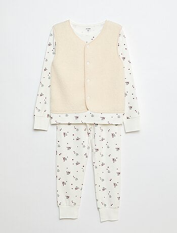 Conjunto de pijama comprido em moletom + colete sem mangas efeito borreguito - 3 peças