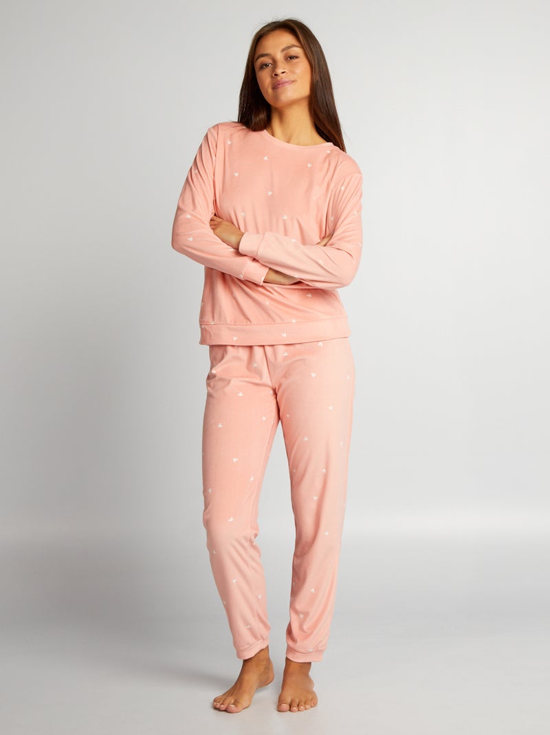 Conjunto de pijama comprido em tecido macio - 2 peças ROSA - Kiabi