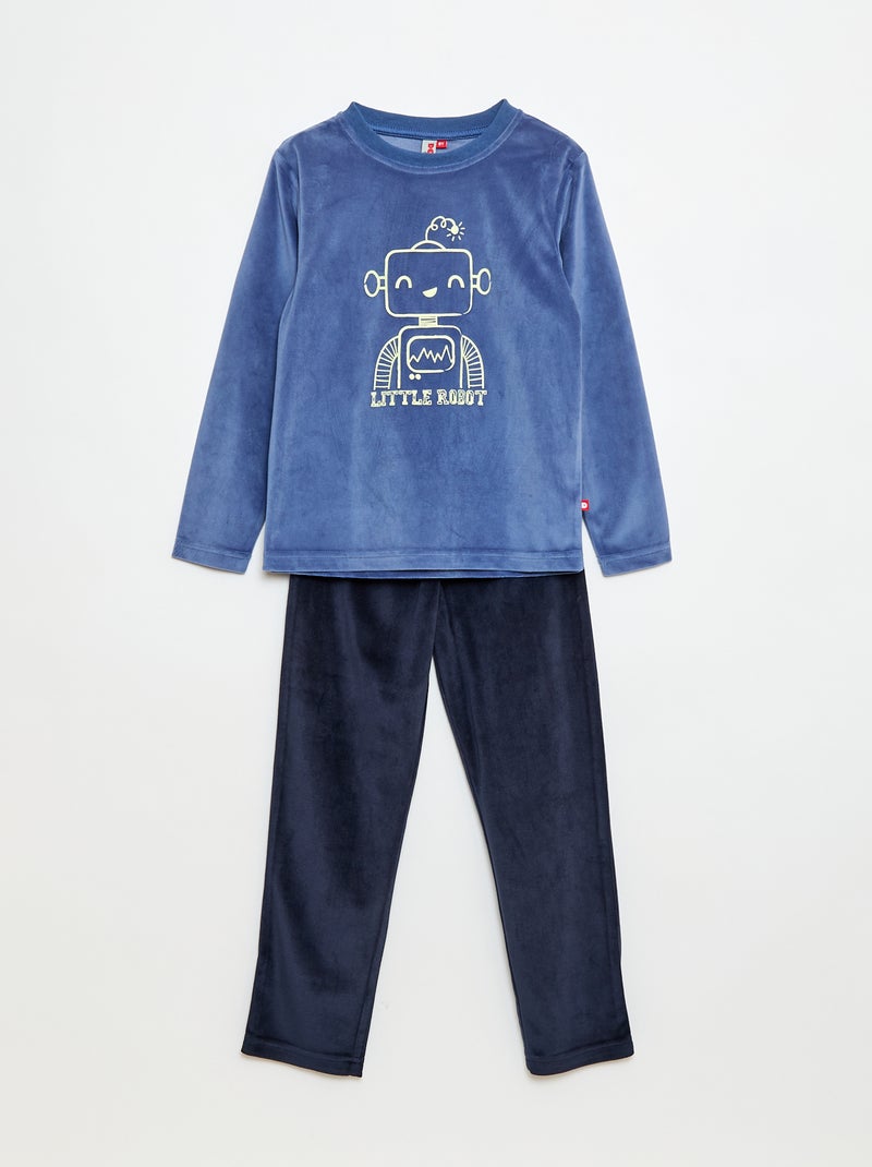 Conjunto de pijama comprido em veludo, t-shirt + calças - 2 peças Azul - Kiabi
