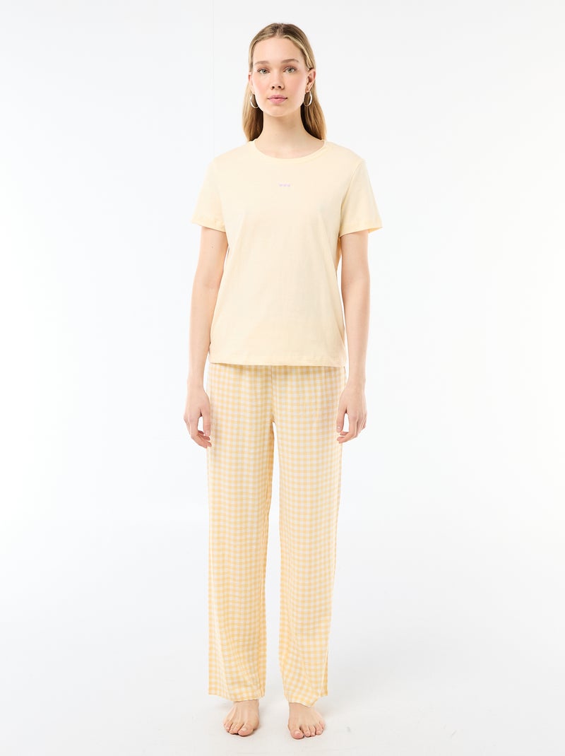 Conjunto de pijama comprido t-shirt + calças aos quadrados - 2 peças Amarelo - Kiabi
