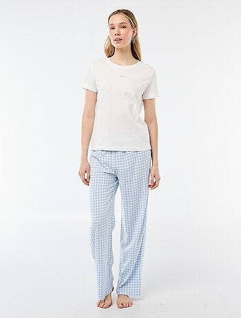 Conjunto de pijama comprido t-shirt + calças aos quadrados - 2 peças