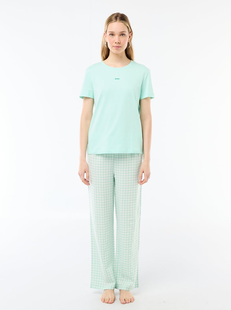 Conjunto de pijama comprido t-shirt + calças aos quadrados - 2 peças Verde - Kiabi