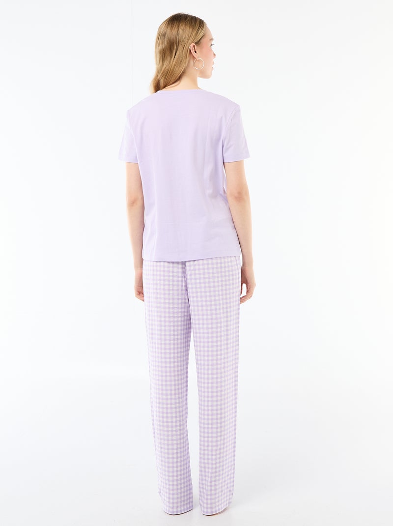 Conjunto de pijama comprido t-shirt + calças aos quadrados - 2 peças Violeta - Kiabi