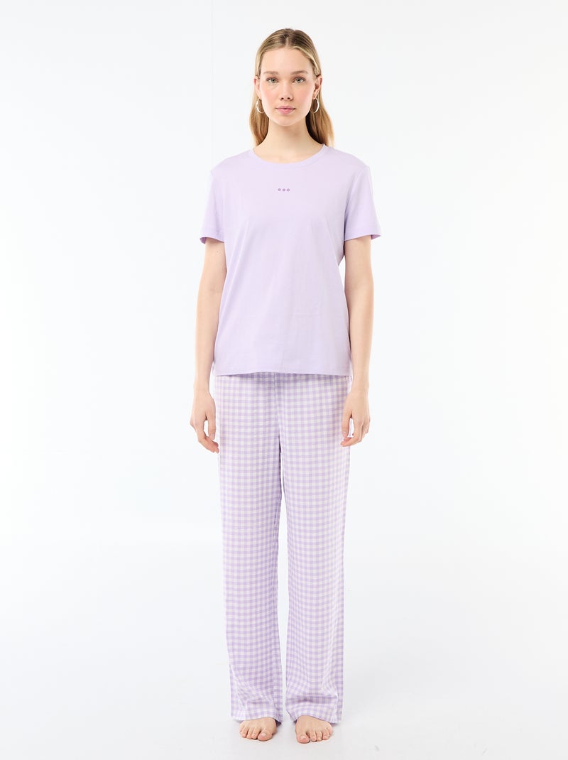 Conjunto de pijama comprido t-shirt + calças aos quadrados - 2 peças Violeta - Kiabi