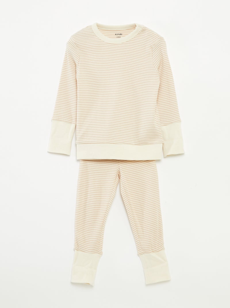 Conjunto de pijama comprido t-shirt + calças às riscas - 2 peças Bege - Kiabi