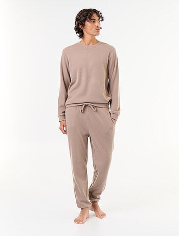 Conjunto de pijama comprido t-shirt + calças com textura waffle - 2 peças