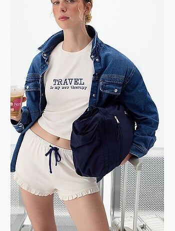 Conjunto de pijama curto com estampa travel slogan, babados e manga curta penti